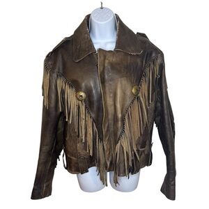 vintage 80s tan brown distressed leather boho western fringe moto jacket by ICS